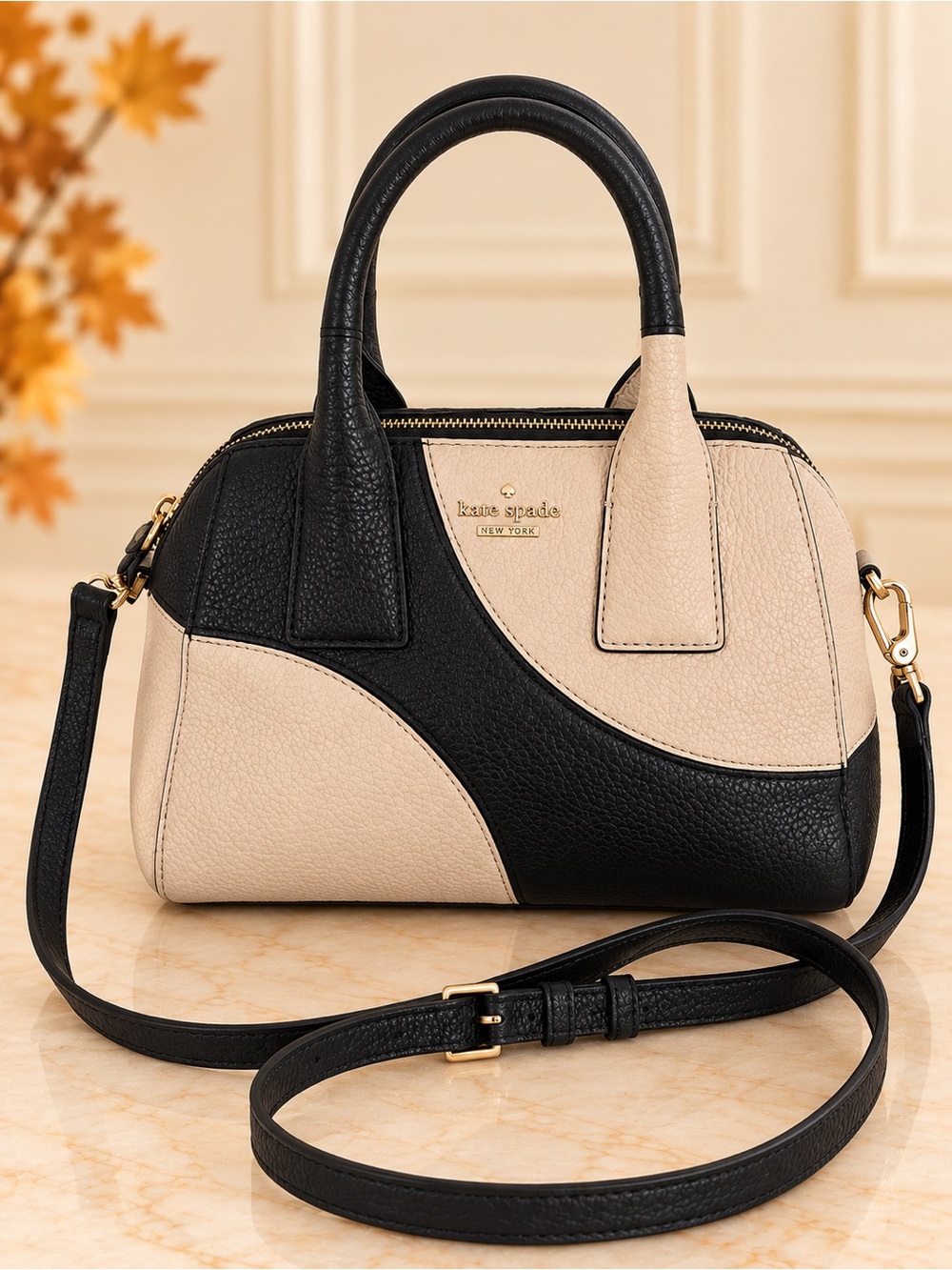 Kate Spade Black Cream Colorblock Pebbled Leather Dome Satchel Crossbody